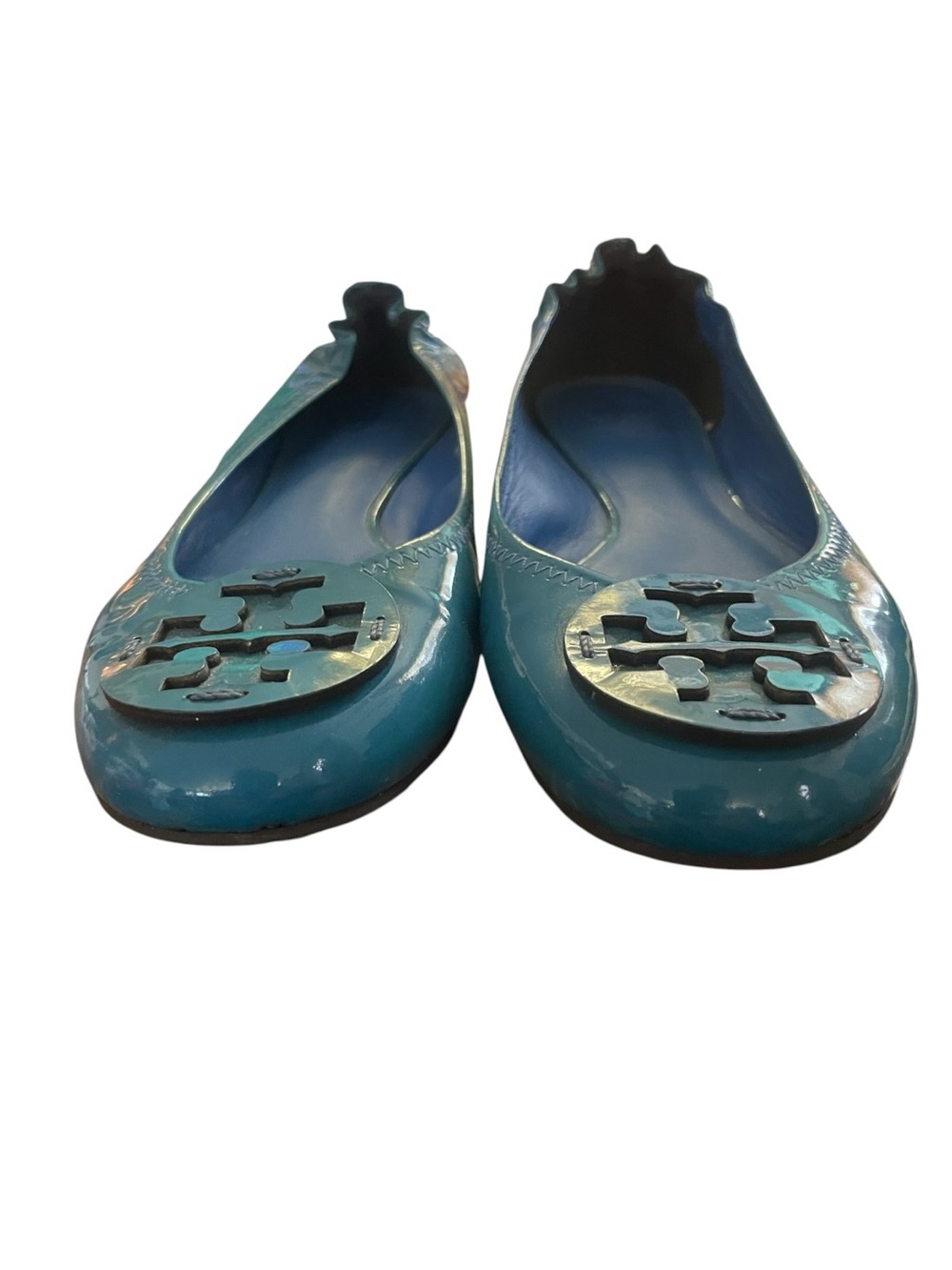 Tory Burch 9M Minnie Travel Ballet Flats, Aqua BLUE Crinkle Metallic Leather